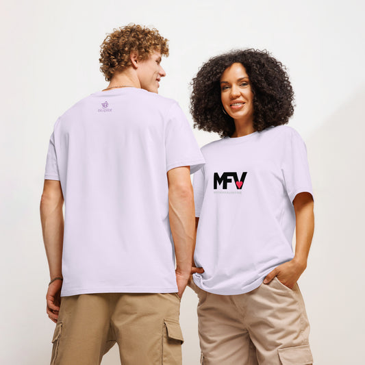 MFV My Valentine organic cotton Lavender tee with red heart graphic – couple wearing front and back views