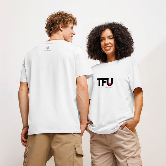 TFU Total Unit organic cotton whitek tee with red heart graphic – couple wearing front and back views