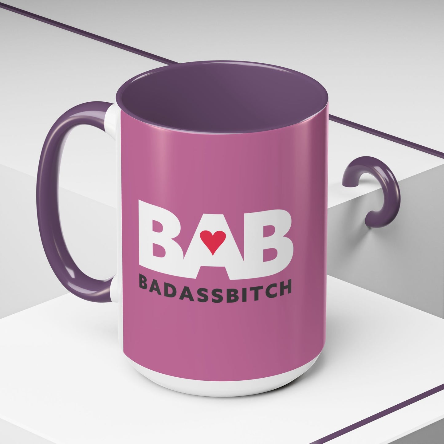 BAB – Bad Ass Bitch Accent Coffee Mug — Pink Heart Design (11/15 oz)