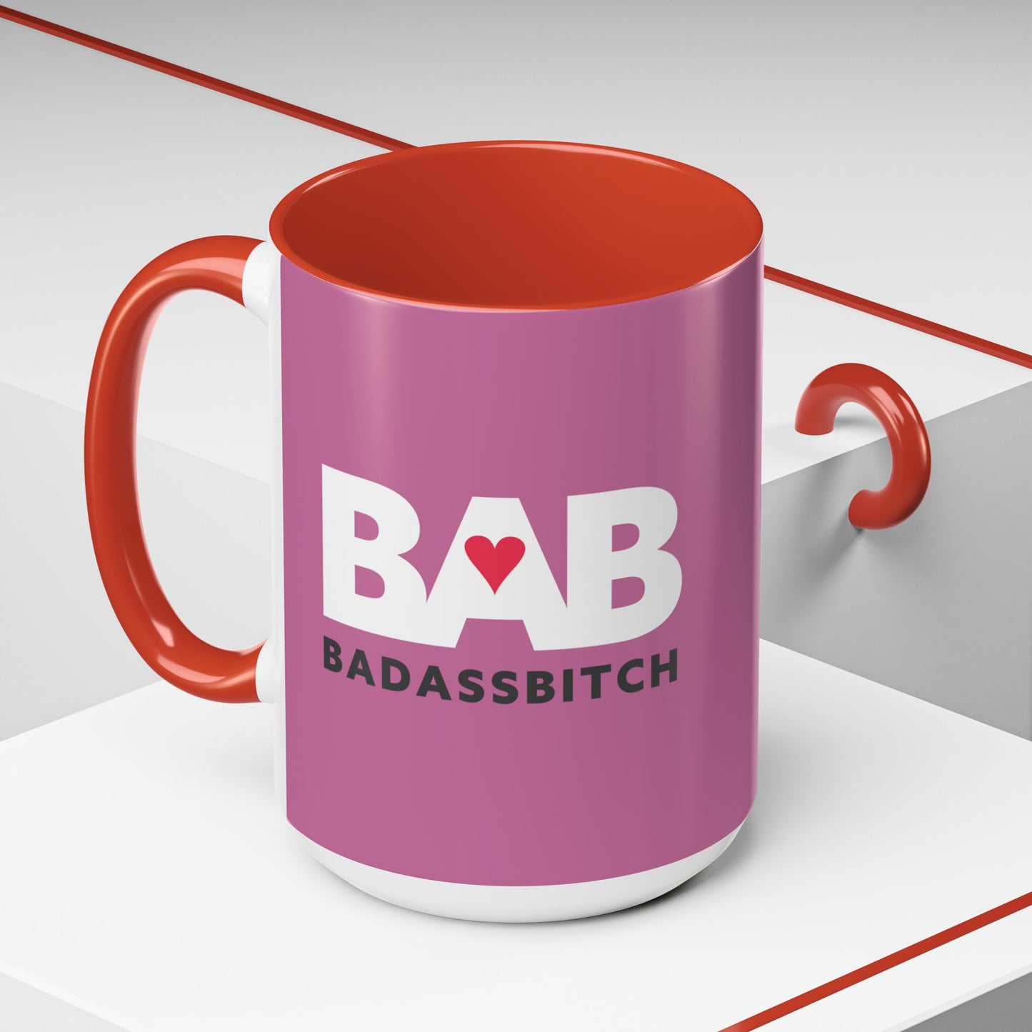 BAB – Bad Ass Bitch Accent Coffee Mug — Pink Heart Design (11/15 oz)
