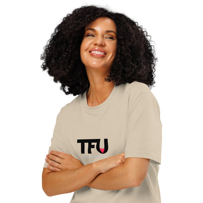 TFU Total Unit organic cotton Desert Dust tee with red heart graphic – front view on woman with crossed arms