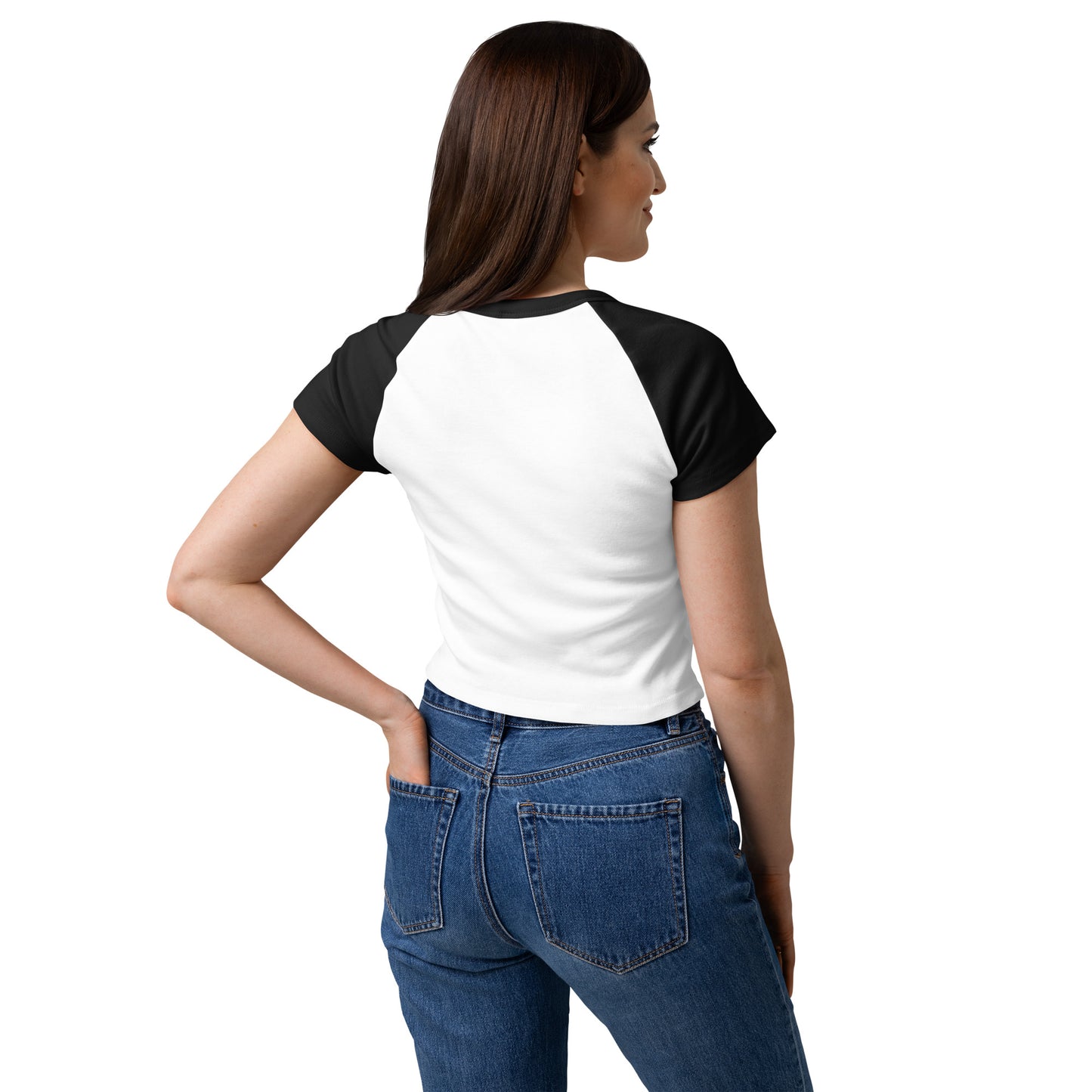 BAB Badass raglan baby tee in black and white with red heart graphic – back three quarter view