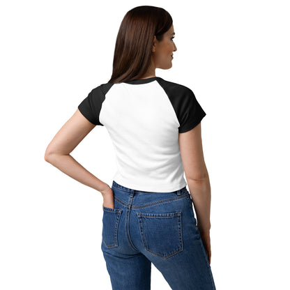 BAB Badass raglan baby tee in black and white with red heart graphic – back three quarter view