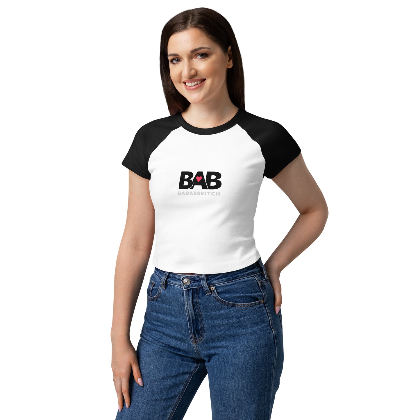BAB Badass raglan baby tee in black and white with red heart graphic – front three quarter view
