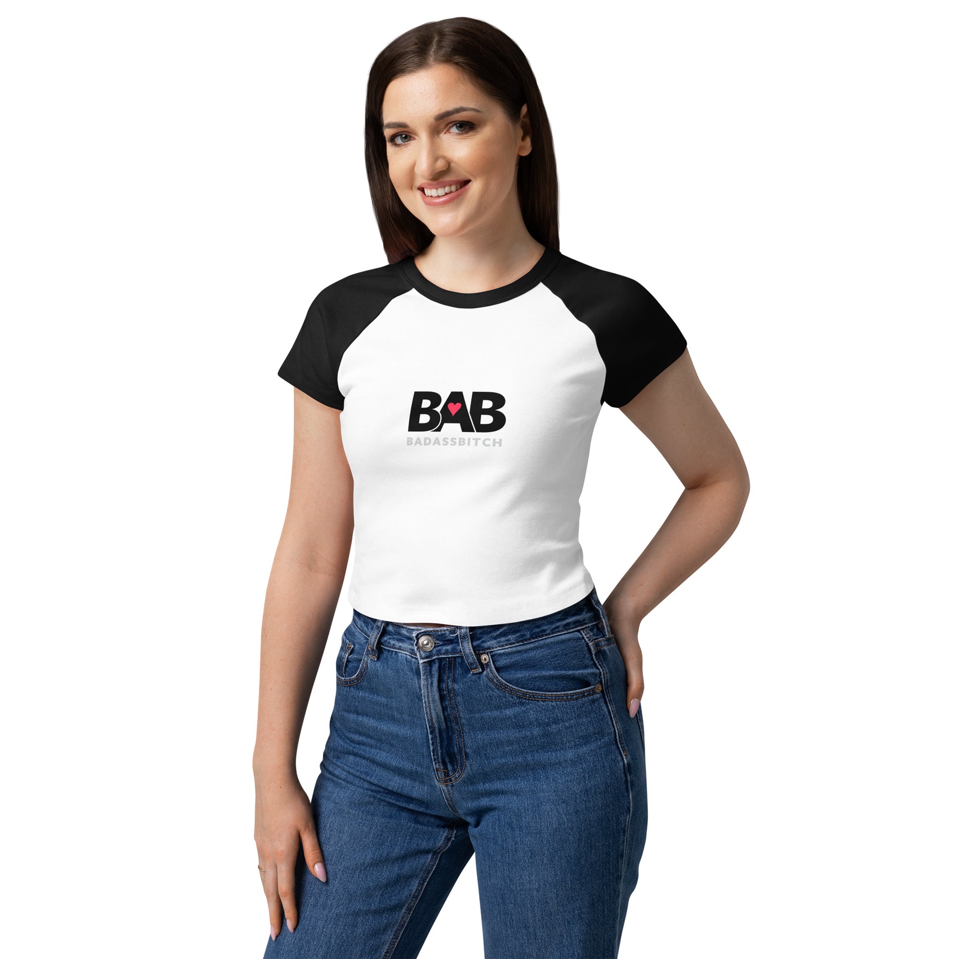 BAB Badass raglan baby tee in black and white with red heart graphic – front three quarter view