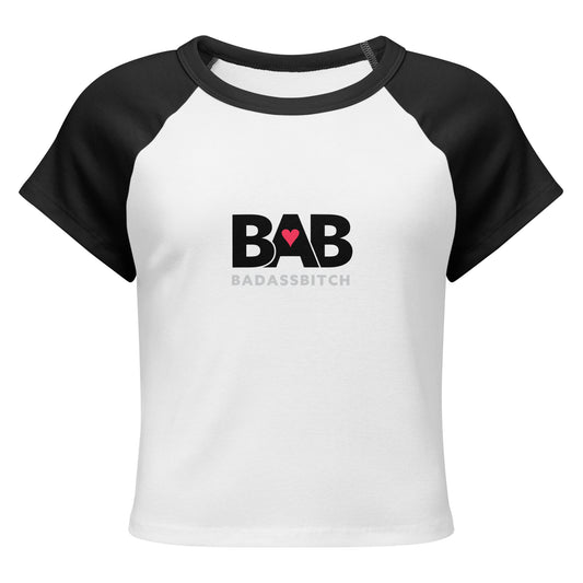 BAB Badass raglan baby tee in black and white with red heart graphic – front view