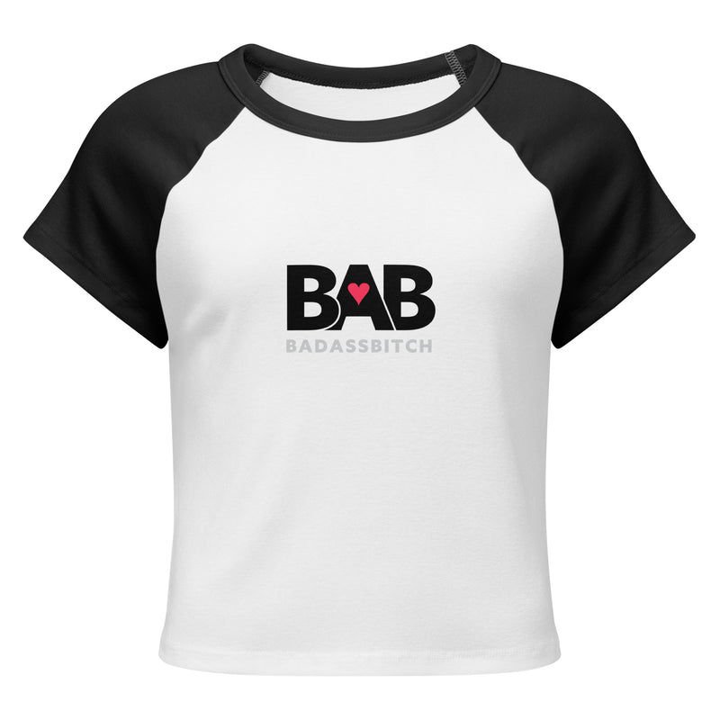 BAB Badass raglan baby tee in black and white with red heart graphic – front view