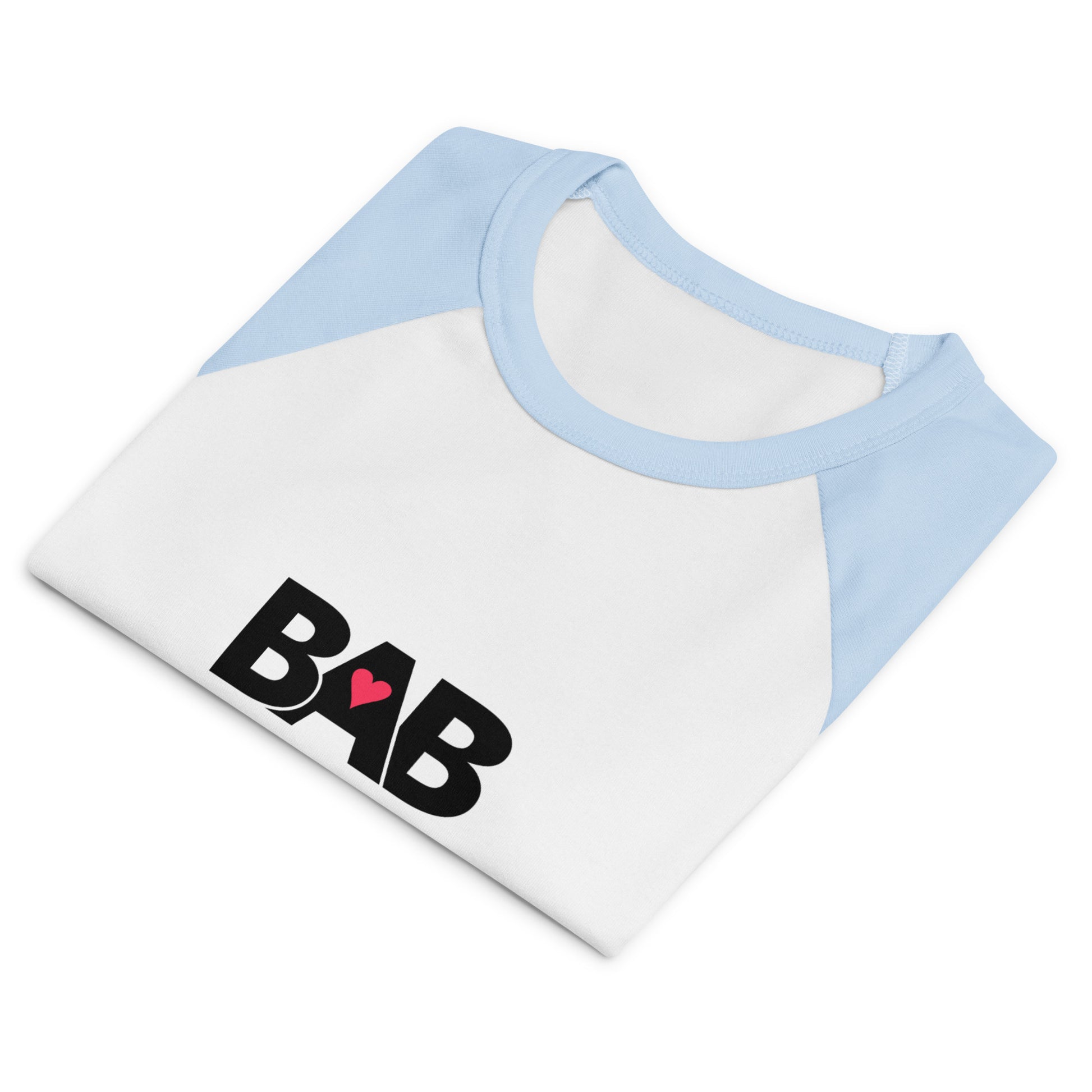 BAB Badass raglan baby tee in light blue and white with red heart graphic – front folded view