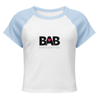 BAB Badass raglan baby tee in light blue and white with red heart graphic – front view
