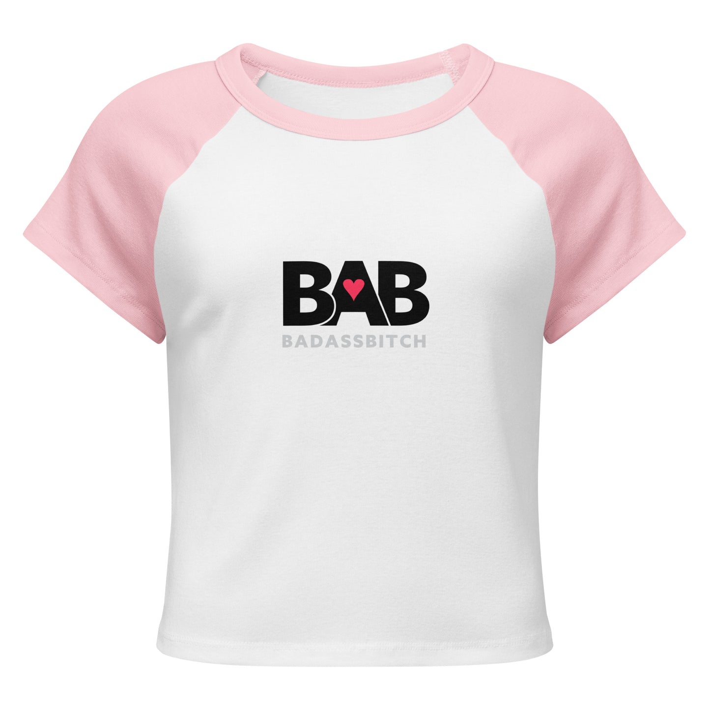 BAB Badass raglan baby tee in pink and white with red heart graphic – front view