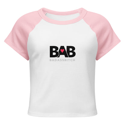 BAB Badass raglan baby tee in pink and white with red heart graphic – front view
