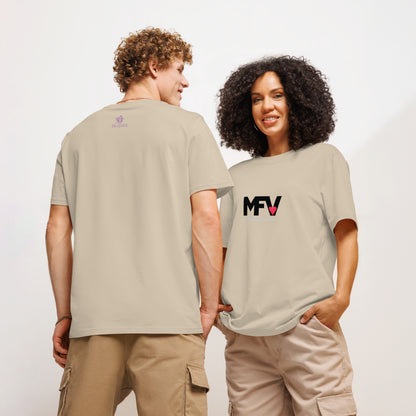 MFV My Valentine organic cotton Desert Dust tee with red heart graphic – couple wearing front and back views