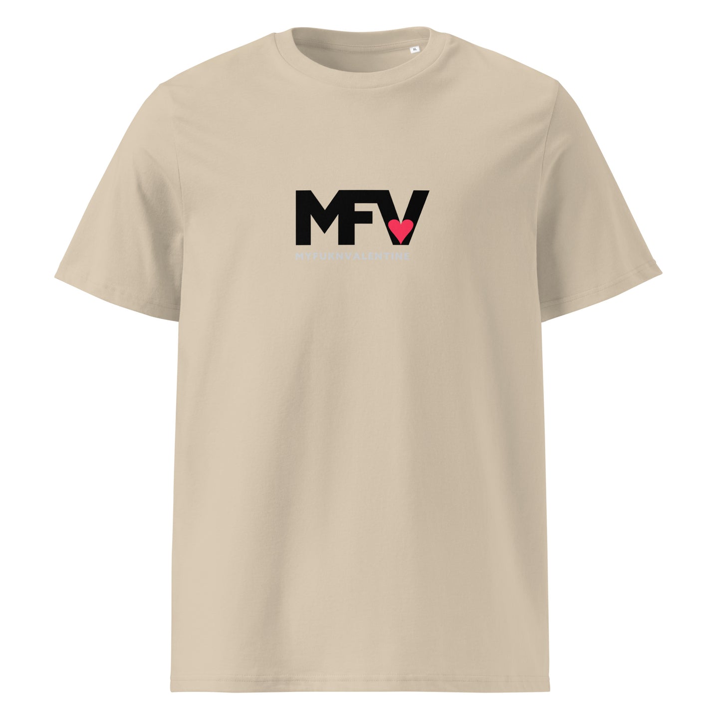 MFV My Valentine organic cotton Desert Dust tee with red heart graphic – front view