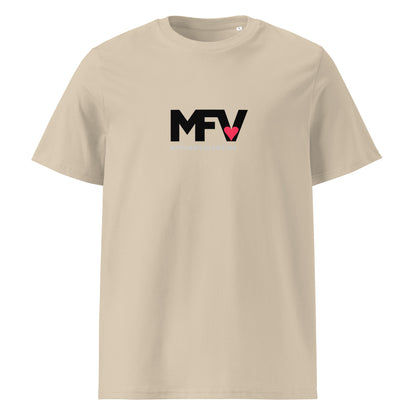 MFV My Valentine organic cotton Desert Dust tee with red heart graphic – front view