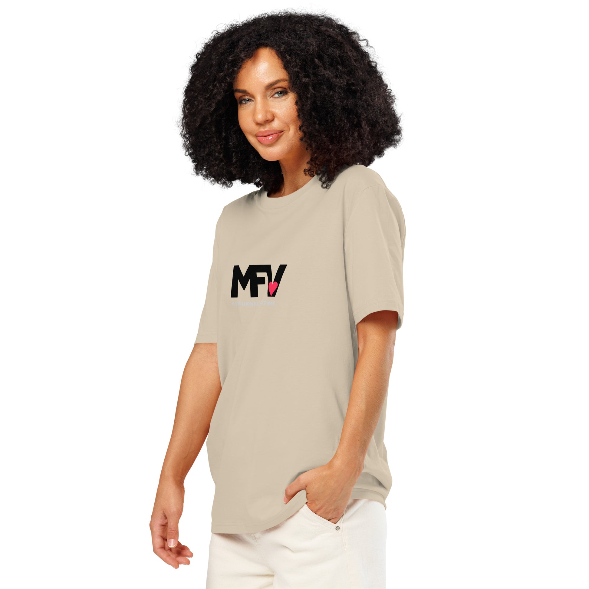 MFV My Valentine organic cotton Desert Dust tee with red heart graphic – quarter turn on woman