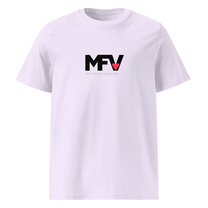 MFV My Valentine organic cotton Lavender tee with red heart graphic – front view