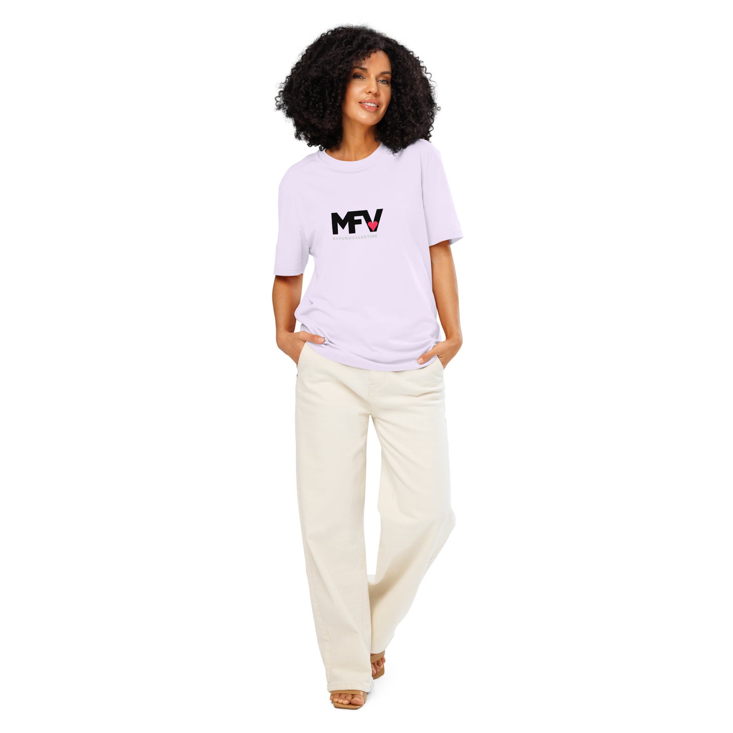 MFV My Valentine organic cotton Lavender tee with red heart graphic – full view on female model