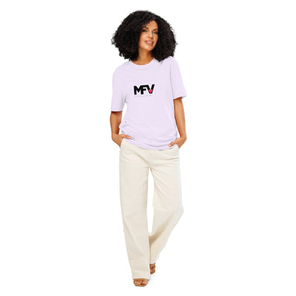 MFV My Valentine organic cotton Lavender tee with red heart graphic – full view on female model