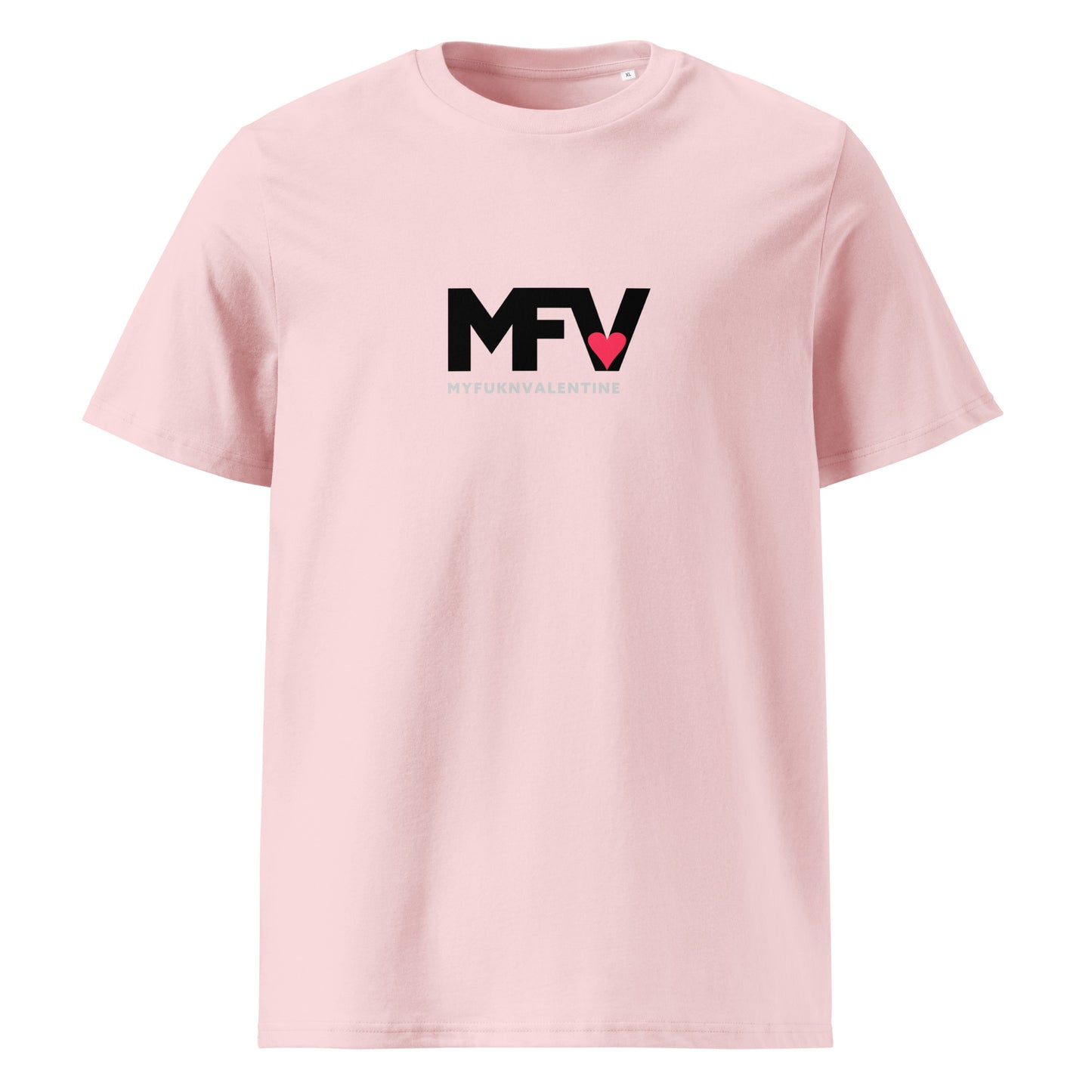 MFV My Valentine organic cotton Pink tee with red heart graphic – front view
