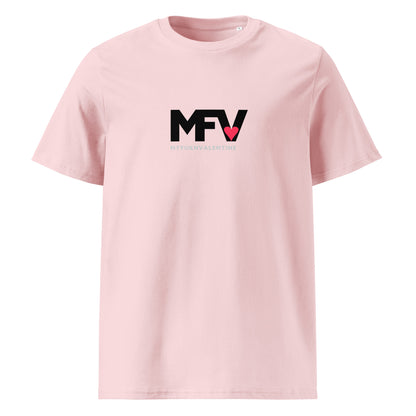 MFV My Valentine organic cotton Pink tee with red heart graphic – front view