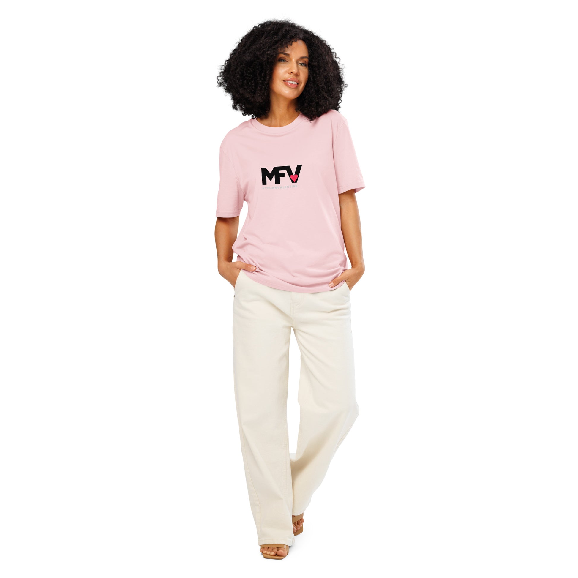 MFV My Valentine organic cotton Pink tee with red heart graphic – full view on female model
