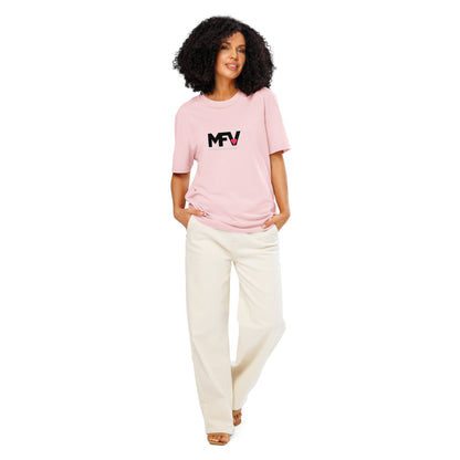 MFV My Valentine organic cotton Pink tee with red heart graphic – full view on female model