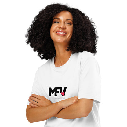 MFV My Valentine organic cotton white tee with red heart graphic – front view on woman with crossed arms