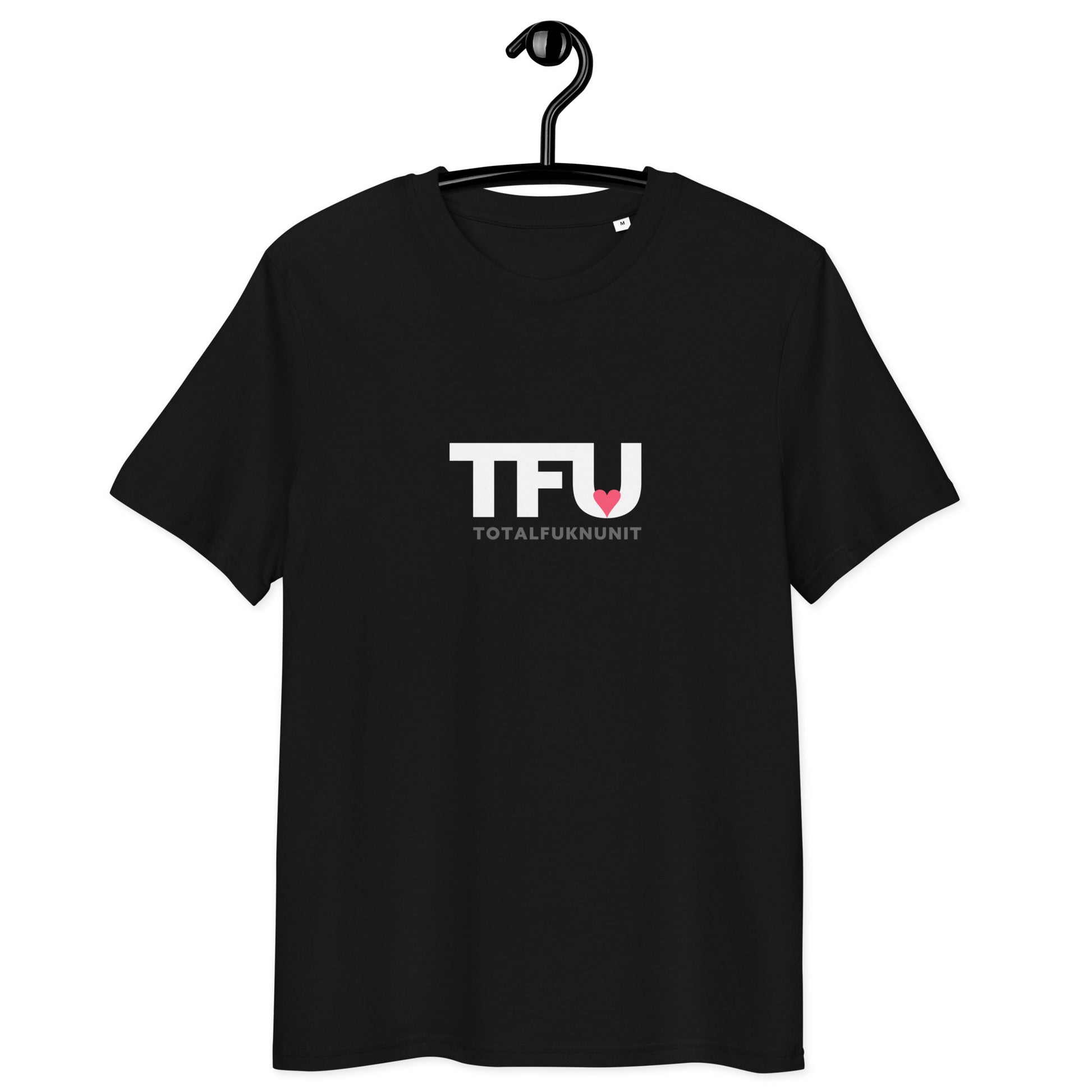 TFU Total Unit organic cotton Black tee with red heart graphic – front coat hanger view