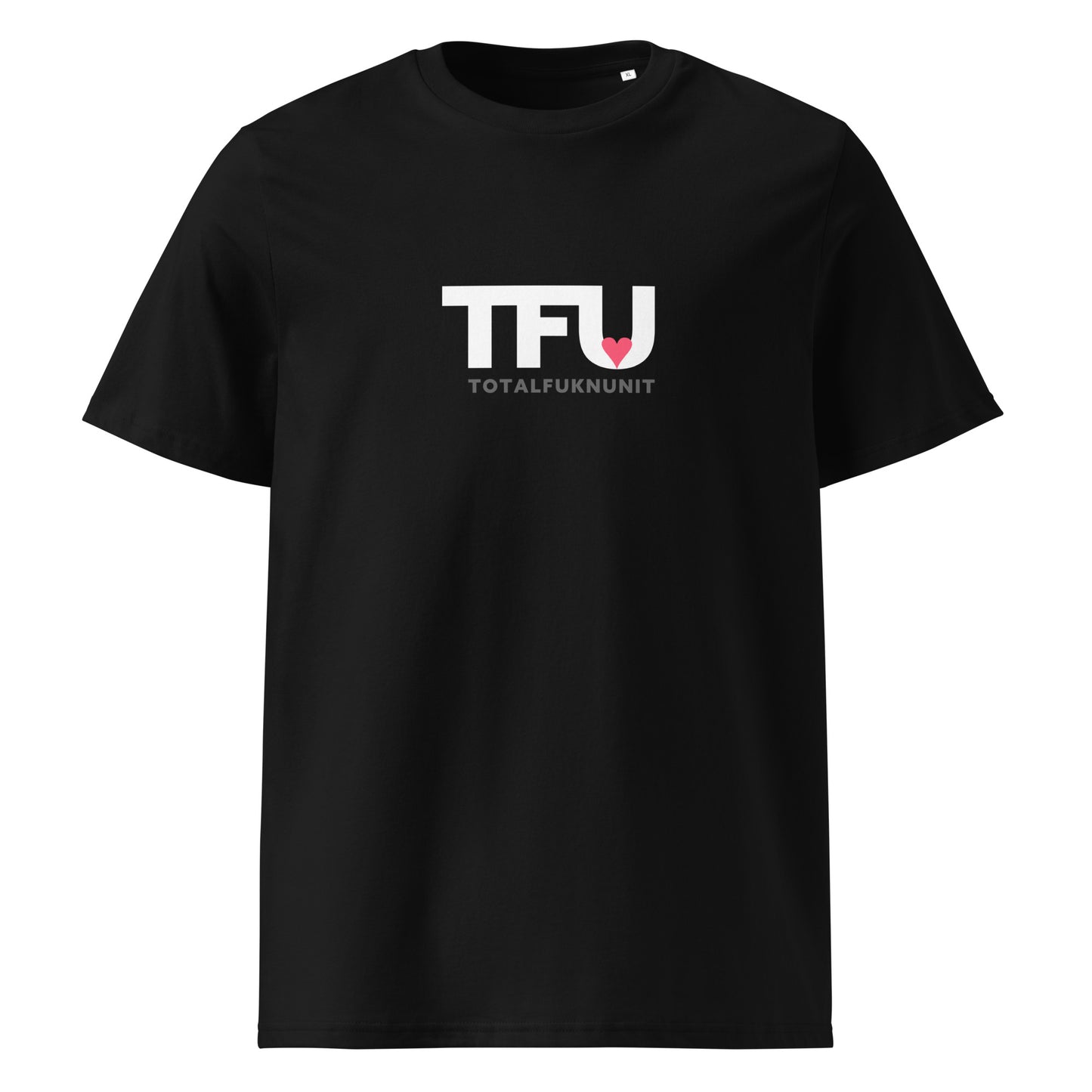 TFU Total Unit organic cotton Black tee with red heart graphic – front view
