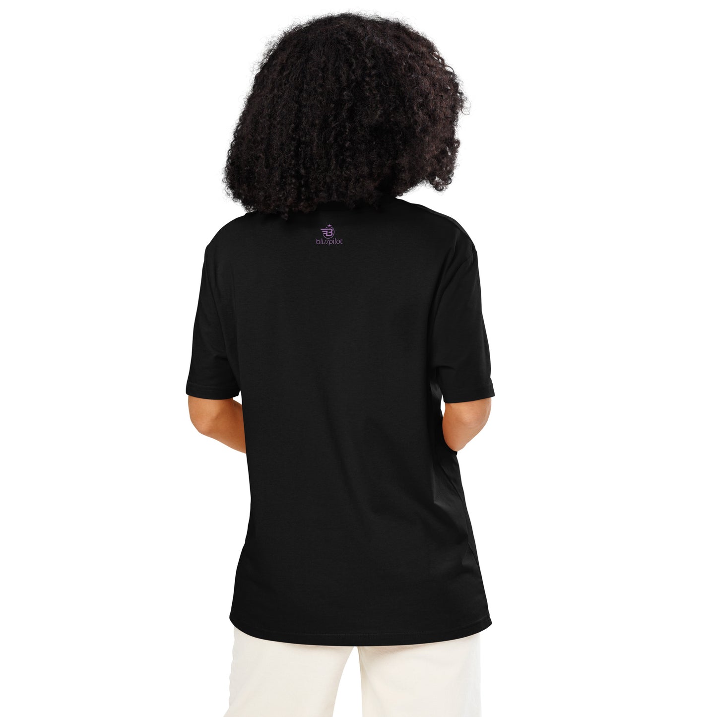TFU Total Unit organic cotton Black tee with red heart graphic – back view on female model