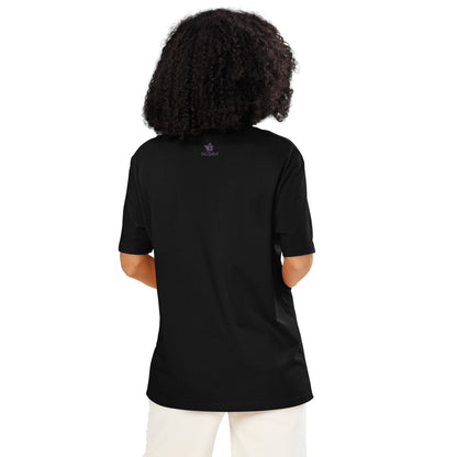 TFU Total Unit organic cotton Black tee with red heart graphic – back view on female model