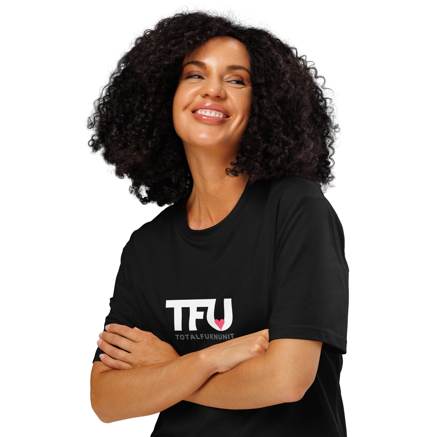 TFU Total Unit organic cotton Black tee with red heart graphic – front view on woman with crossed arms