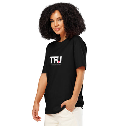 TFU Total Unit organic cotton Black tee with red heart graphic – quarter turn on woman
