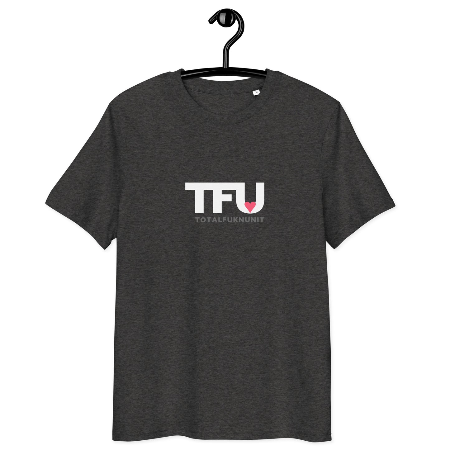 TFU Total Unit organic cotton Dark Heather Grey tee with red heart graphic – coat hanger front view