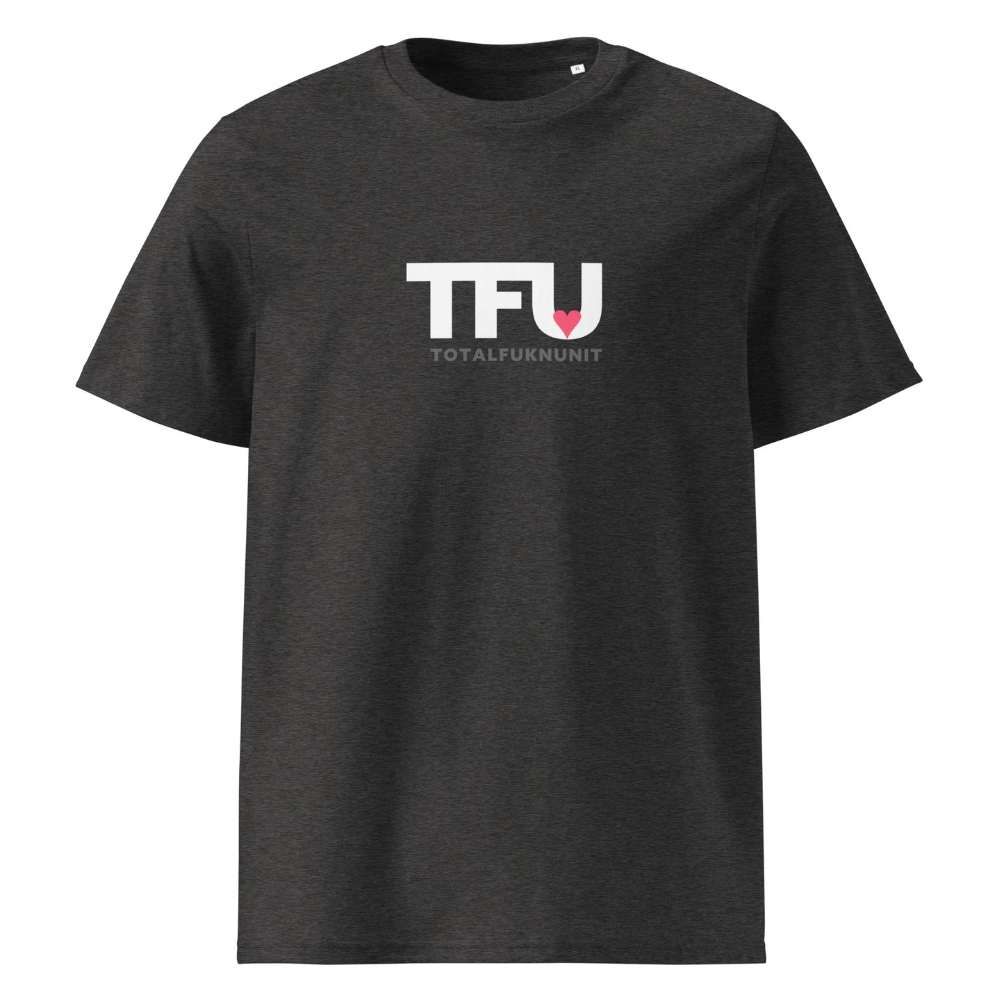TFU Total Unit organic cotton Dark Heather Grey tee with red heart graphic – front view