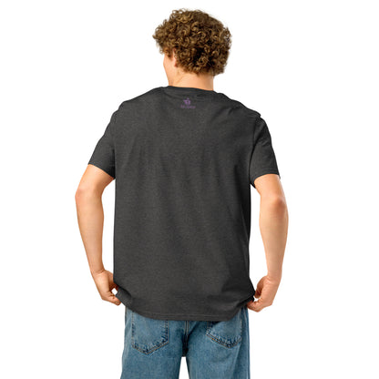 TFU Total Unit organic cotton Dark Heather Grey tee with red heart graphic – back view on male model