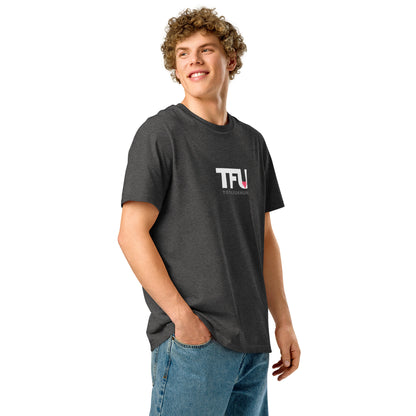 TFU Total Unit organic cotton Dark Heather Grey tee with red heart graphic – quarter turn on man