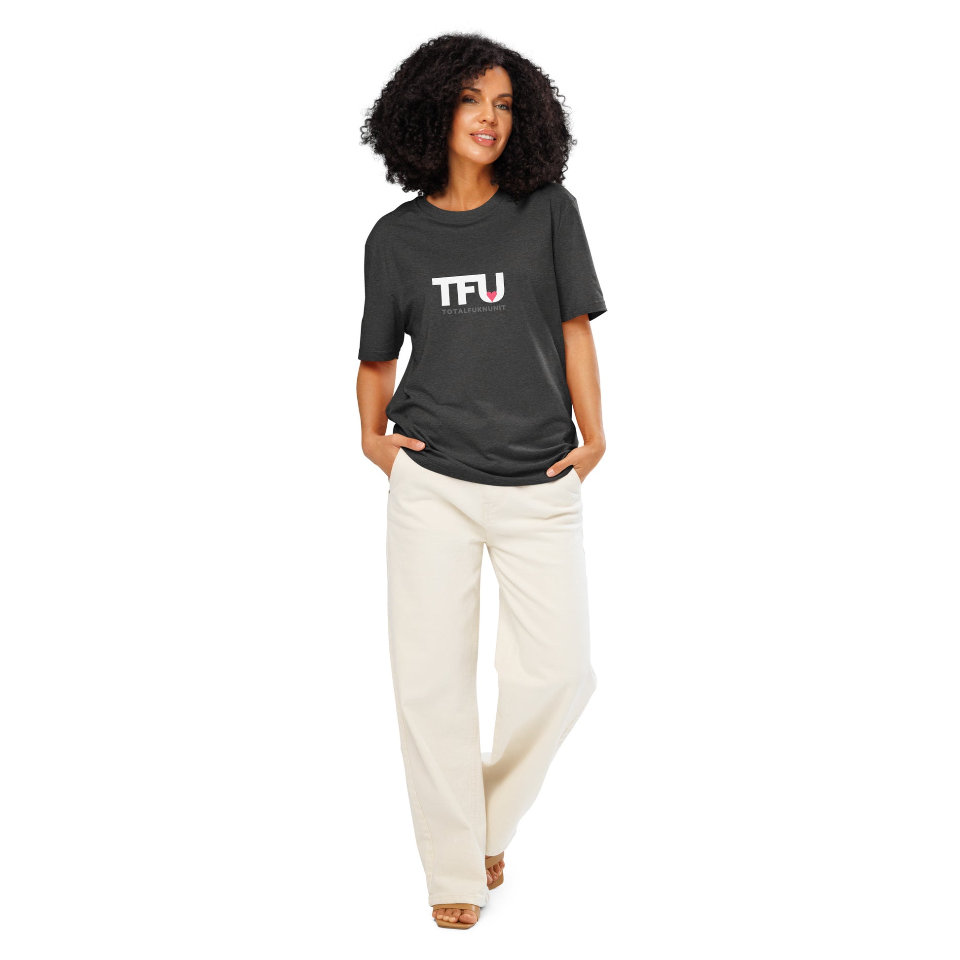 TFU Total Unit organic cotton Dark Heather Grey tee with red heart graphic – full view on female model