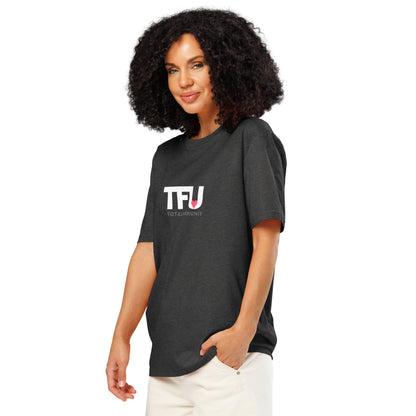 TFU Total Unit organic cotton Dark Heather Grey tee with red heart graphic – quarter turn on woman