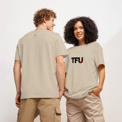 TFU Total Unit organic cotton Desert Dust tee with red heart graphic – couple wearing front and back views