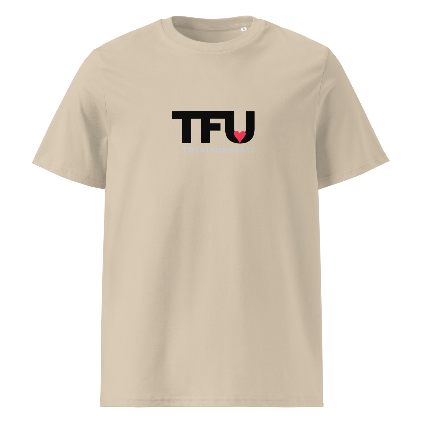TFU Total Unit organic cotton Desert Dust tee with red heart graphic – front view