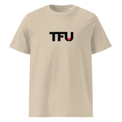 TFU Total Unit organic cotton Desert Dust tee with red heart graphic – front view