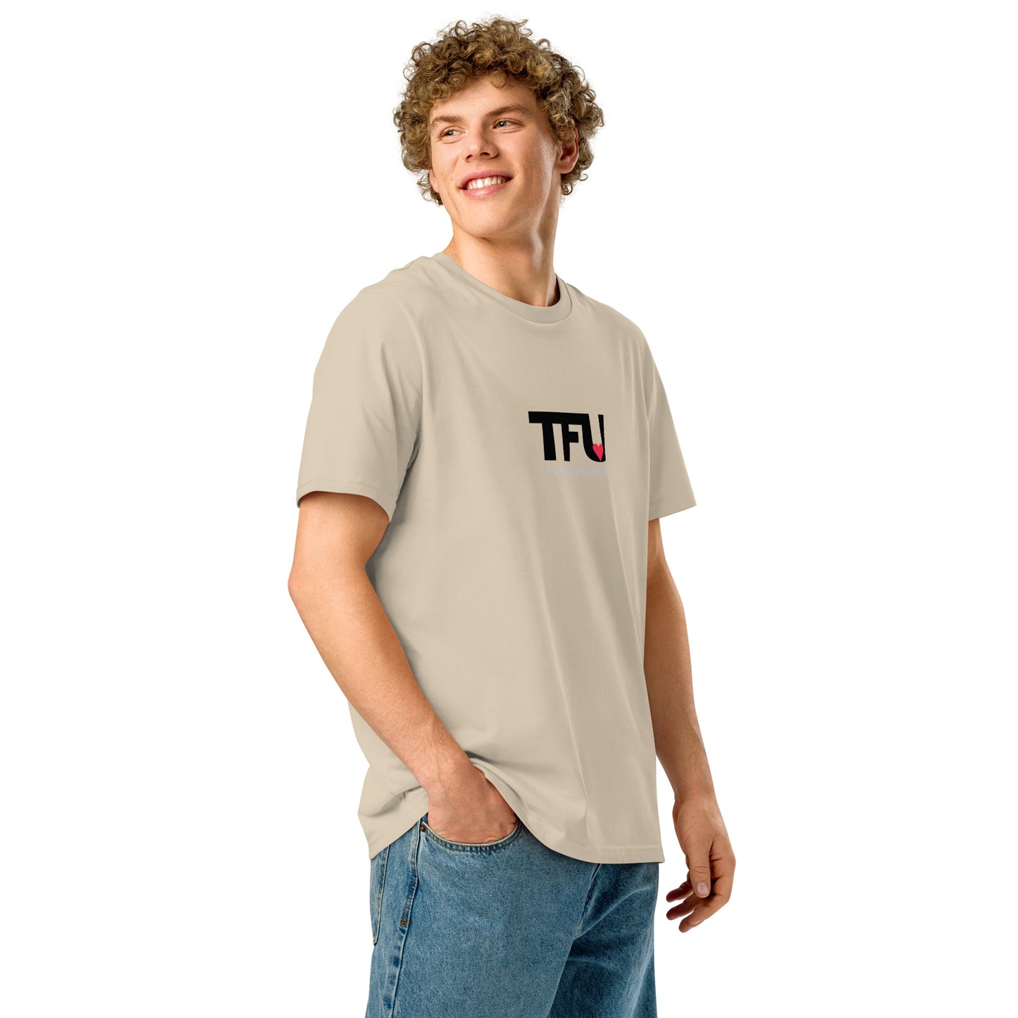 TFU Total Unit organic cotton Desert Dust tee with red heart graphic – quarter turn on man