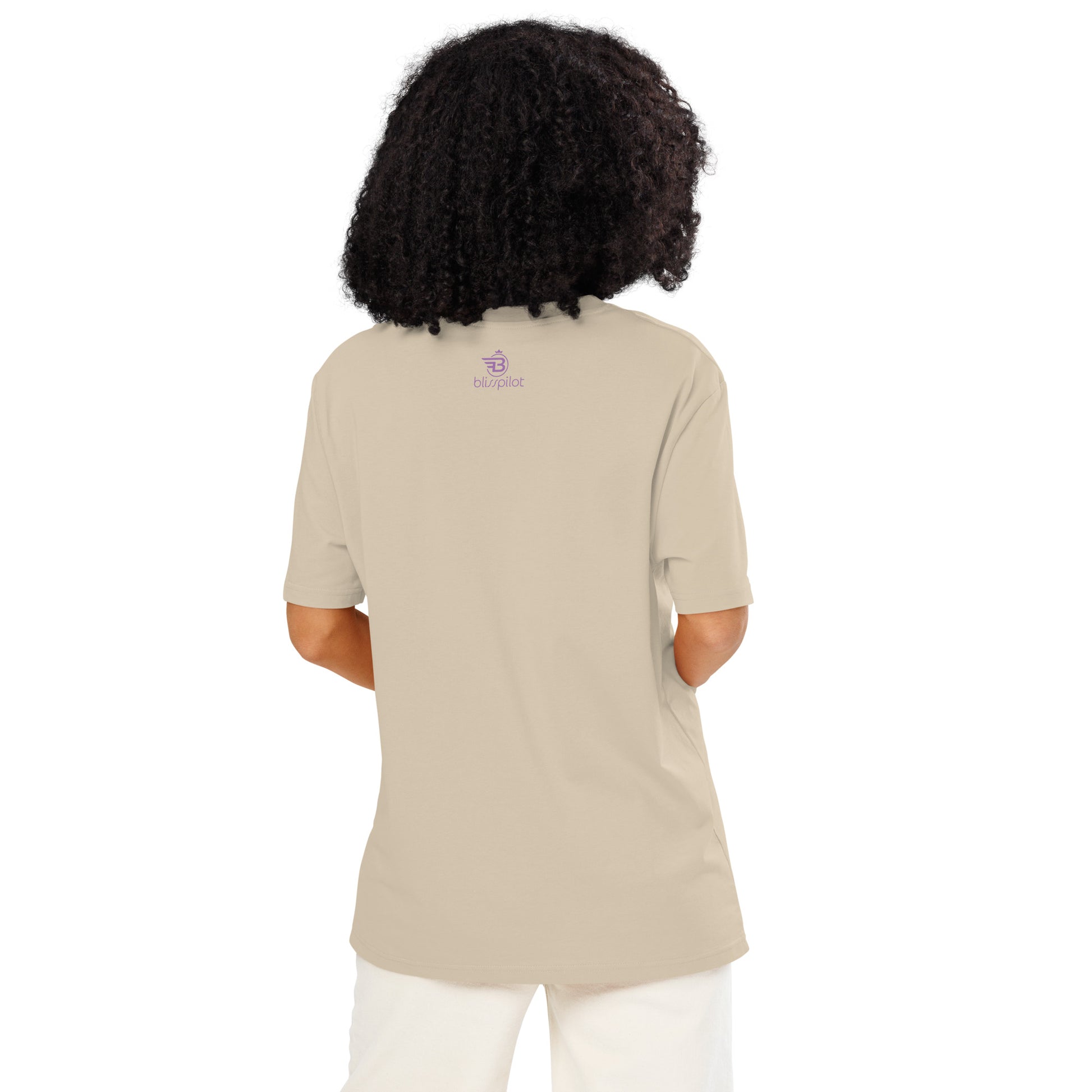 TFU Total Unit organic cotton Desert Dust tee with red heart graphic – back view on female model