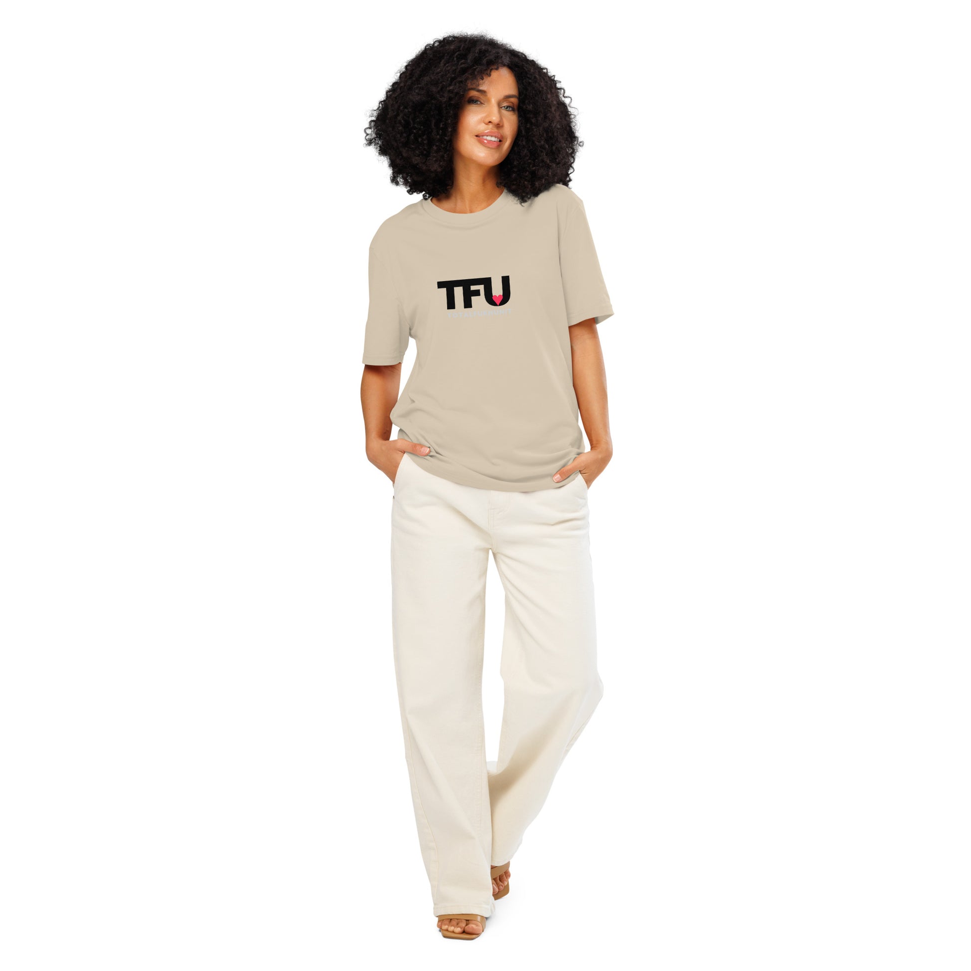 TFU Total Unit organic cotton Desert Dust tee with red heart graphic – full view on female model