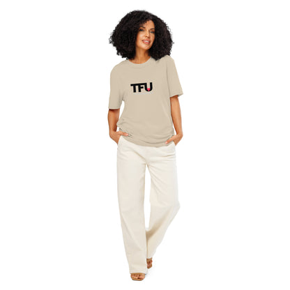 TFU Total Unit organic cotton Desert Dust tee with red heart graphic – full view on female model