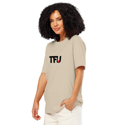 TFU Total Unit organic cotton Desert Dust tee with red heart graphic – quarter turn on woman