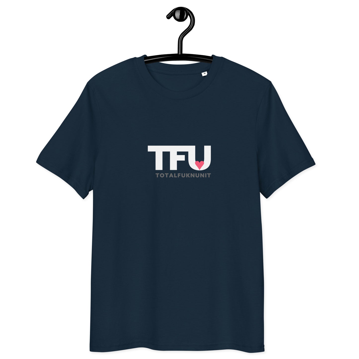 TFU Total Unit organic cotton French Navy tee with red heart graphic – front coat hanger view