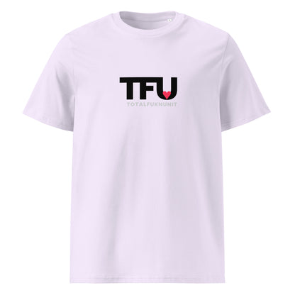TFU Total Unit organic cotton Lavender tee with red heart graphic – front view