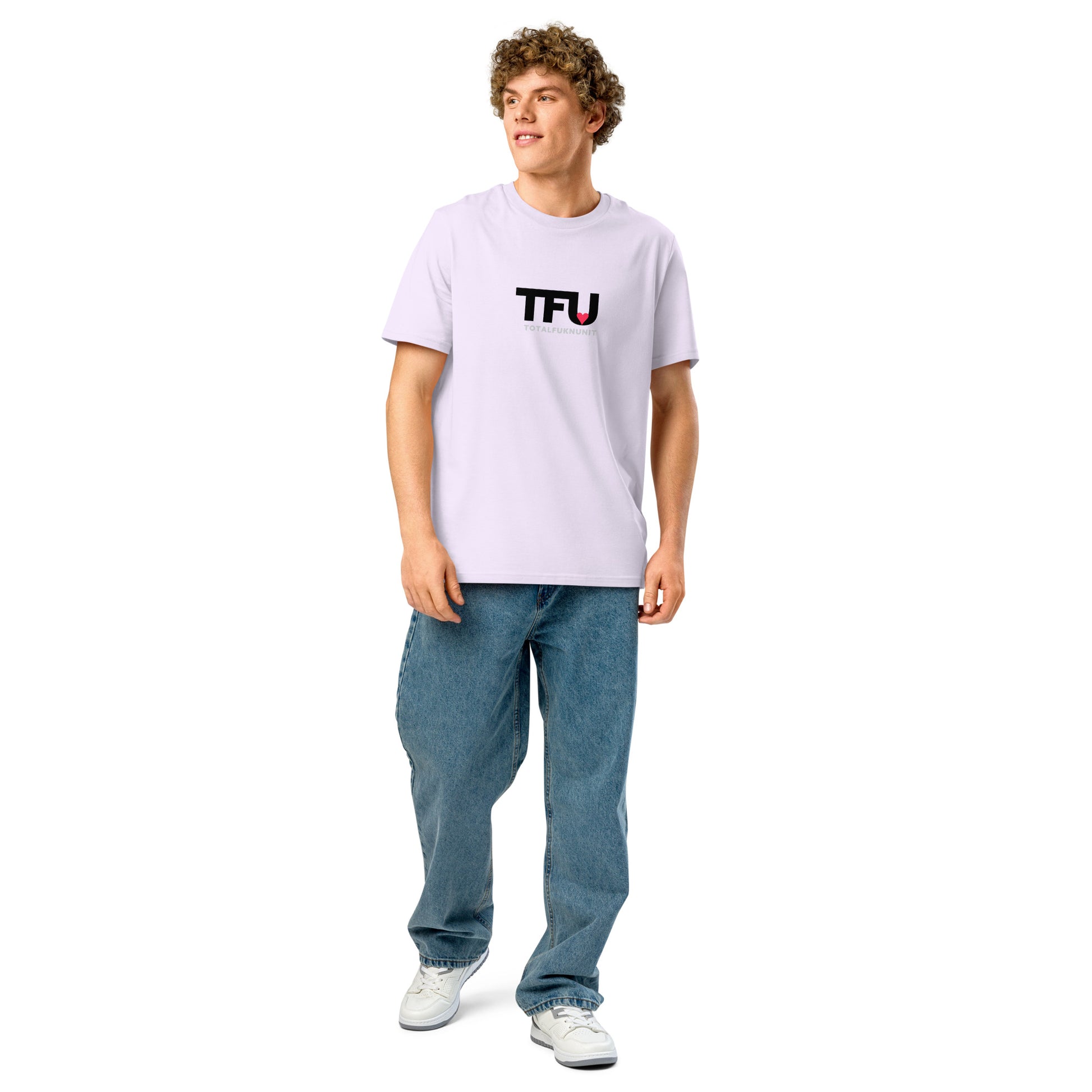 TFU Total Unit organic cotton Lavender tee with red heart graphic – full view on male model